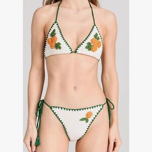 RHODE Crochet Bikini with Floral Accents - White and Green
